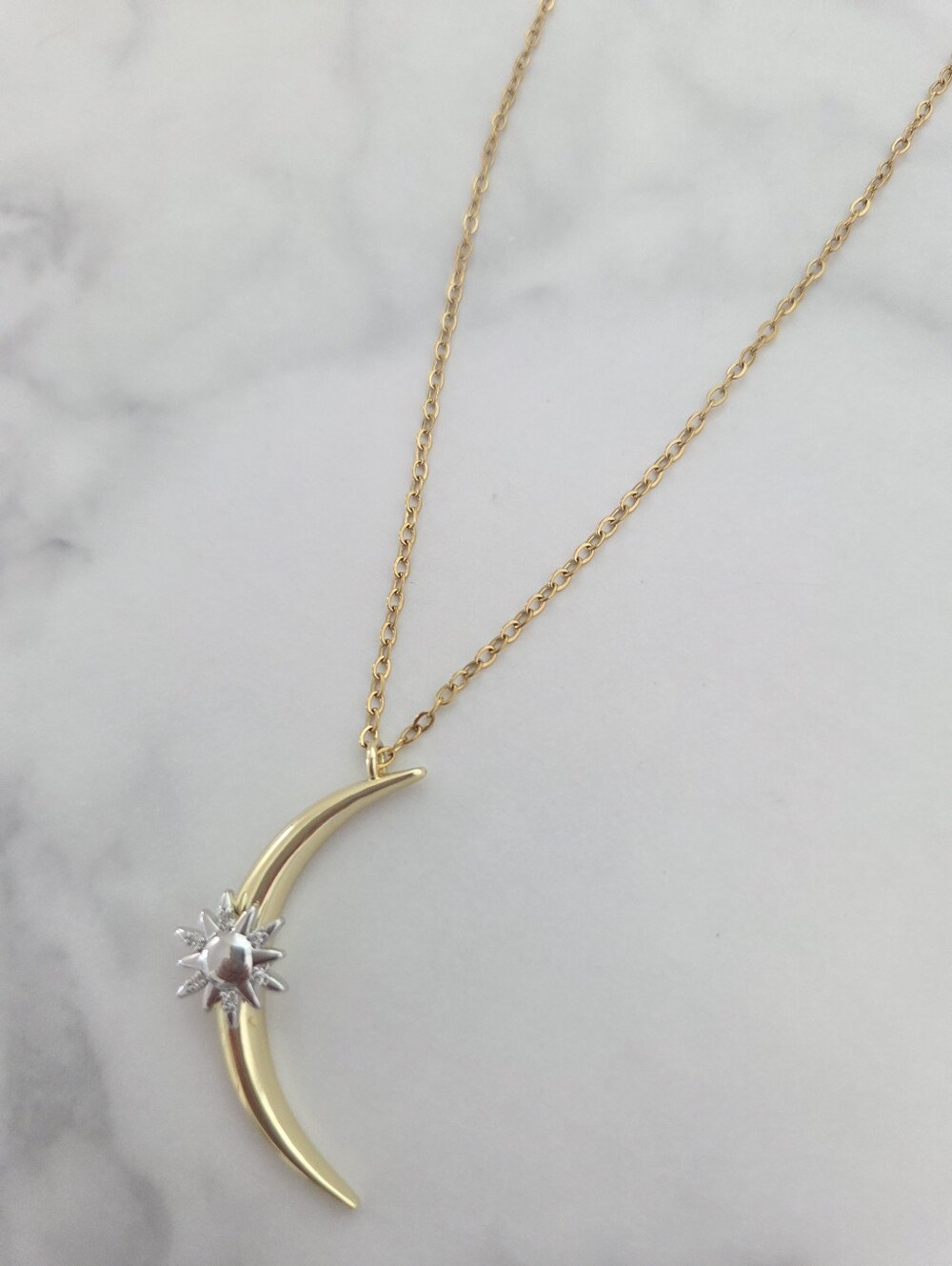 Gold Crescent Moon Sunburst Celestial Pendant Necklace - Picture 6 of 16